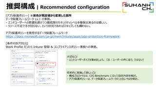 ƊX | Recommended configuration
[ץ걣oݥꥷ`] ɫȶw
ǩ`oե`` Lv.1 Μʒ
? ɥ``ؤӰ푤ܤĤޤΥƥ٥_ΤҤ
? ꥽`֤ؤʤȤ״rǤХåפƤ☋ʤ
ץ걣oݥꥷ`ʹäǩ`oե``
https://docs.microsoft.com/ja-jp/mem/intune/apps/app-protection-framework
[]
Work Profile ä Intune h & ץ饤󥹥ݥꥷ`ʒؤΜʒ
Фʤ
? ɥ``ܥ򼯤ޤ礦ע``ˏǤϤʤ
Ĥˌgʩ
? ɥץեϡCIS Benchmark ؤäOݤӑ
? ץ걣oݥꥷ`ϡǩ`oե``λ٥ӑ
 