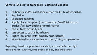 Climate ‘Shocks’ to NZKS Risks, Costs and Benefits
Wendy McGuinness 16
1. Carbon tax and/or purchasing carbon credits to offset carbon
2. Regulation
3. Consumer backlash
4. Supply chain disruption (due to weather/feed/distribution
product/ Air New Zealand Annual report)
5. Cost of fuel/transport/feed
6. Less access to capital from banks
7. Higher insurance costs (possibly no insurance)
8. Mortalities/fish escapes due to storms/rising temperatures
Reporting should help businesses pivot, so they make the right
decisions for investors, employees, society and the planet.
 