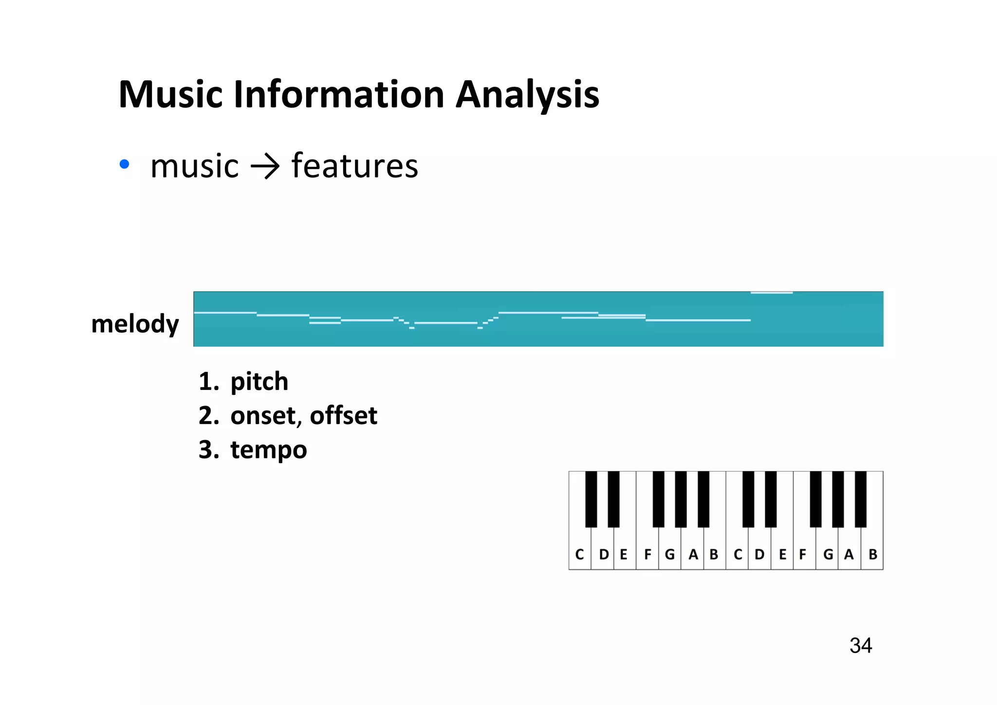 Music Information Analysis
• music → features
34
melody
1. pitch
2. onset, offset
3. tempo
 