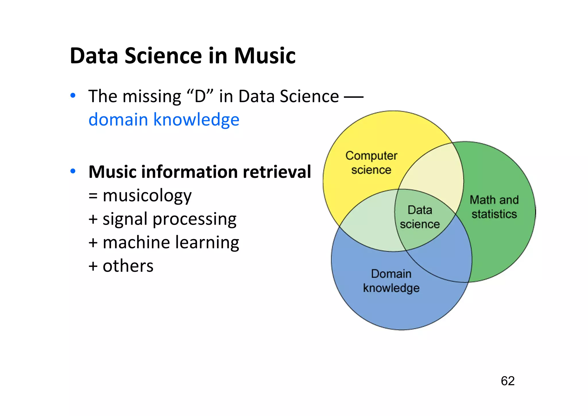 Data Science in Music
• The missing “D” in Data Science —
domain knowledge
• Music information retrieval
= musicology
+ signal processing
+ machine learning
+ others
62
 