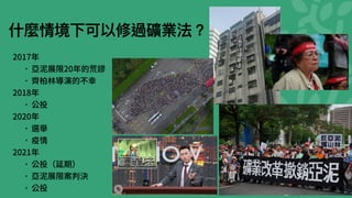 什麼情境下可以修過礦業法？
2017年
•亞泥展限20年的荒謬
•⿑柏林導演的不幸
2018年
•公投
2020年
•選舉
•疫情
2021年
•公投（延期）
•亞泥展限案判決
•公投
 