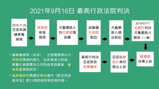 2016.11.25


亞泥申請


礦業權
 
展限
經濟部
核准


展限
太魯閣族人
向行政院提
訴願
訴願遭


行政院
 
駁回
太魯閣
族人提
出訴訟
經濟部


放棄上訴
亞泥以參
加人身份
提出上訴
最高行判決
亞泥敗訴


全案確定
2019/07/11


北高行判決
太魯閣族人


勝訴（一審）


2021年9月16日 最高行政法院判決
• 礦業權展限（延長），主管機關得以定
期檢視環境的變化、自然資源之耗竭、
衡量社會變遷及公共利益等因素後，審
慎衡量展限與否。


• 礦業權展限需要於事前遵守《原住民族
基本法》第21條諮商取得部落同意。
 