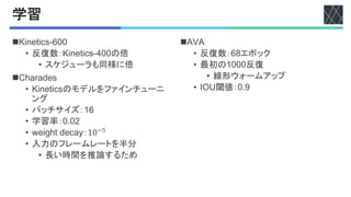 学習
nO$-+&$,%FT33
• 反復数：O$-+&$,%FV33の倍
• スケジューラも同様に倍
n!">#>?+%
• O$-+&$,%のモデルをファインチューニ
ング
• バッチサイズ：CT
• 学習率：3U32
• =+$]"&)?+,>^：10-.
• 入力のフレームレートを半分
• 長い時間を推論するため
n_/_
• 反復数：Tエポック
• 最初のC333反復
• 線形ウォームアップ
• LZ[閾値：3UI
 