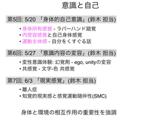 第5回: 5/20 「身体的自己意識」(鈴木 担当)
• 身体所有感覚 - ラバーハンド錯覚
• 内受容感覚と自己身体感覚
• 運動主体感 - 自分をくすぐる話
第6回: 5/27 「意識内容の変容」(鈴木 担当)
第7回: 6/3 「現実感覚」(鈴木 担当)
• 変性意識体験: 幻覚剤 - ego, unityの変容
• 共感覚 - 文字-色 共感覚
• 離人症
• 知覚的現実感と感覚運動随伴性(SMC)
身体と環境の相互作用の重要性を強調
意識と自己
 