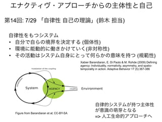 第14回: 7/29 「自律性 自己の理論」(鈴木 担当)
自律性をもつシステム
• 自分で自らの境界を決定する (個体性)
• 環境に能動的に働きかけていく(非対称性)
• その活動はシステム自身にとって何らかの意味を持つ (規範性)
エナクティヴ・アプローチからの主体性と自己
Xabier Barandiaran, E. Di Paolo & M. Rohde (2009) Defining
agency: Individuality, normativity, asymmetry, and spatio-
temporality in action. Adaptive Behavior 17 (5):367-386
自律的システムが持つ主体性
が意識の萌芽となる
=> 人工生命的アプローチへ
Figure from Barandiaran et al; CC-BY-SA
 