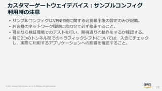 © 2021, Amazon Web Services, Inc. or its Affiliates. All rights reserved.
• サンプルコンフィグはVPN接続に関する必要最小限の設定のみが記載。
• お客様のネットワーク環境に合わせて必ず修正すること。
• 可能なら検証環境でのテストを行い、期待通りの動作をするか確認する。
• 特に2つのトンネル間でのトラフィックシフトについては、入念にチェック
し、実際に利用するアプリケーションへの影響を確認すること。
カスタマーゲートウェイデバイス：サンプルコンフィグ
利用時の注意
25
 