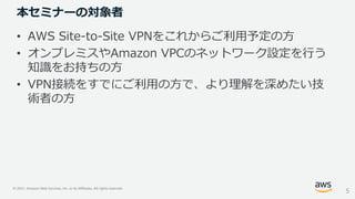 © 2021, Amazon Web Services, Inc. or its Affiliates. All rights reserved.
本セミナーの対象者
• AWS Site-to-Site VPNをこれからご利用予定の方
• オンプレミスやAmazon VPCのネットワーク設定を行う
知識をお持ちの方
• VPN接続をすでにご利用の方で、より理解を深めたい技
術者の方
5
 