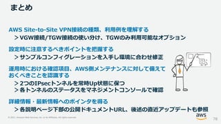 © 2021, Amazon Web Services, Inc. or its Affiliates. All rights reserved.
AWS Site-to-Site VPN接続の種類、利用例を理解する
＞VGW接続/TGW接続の使い分け、TGWのみ利用可能なオプション
設定時に注意するべきポイントを把握する
＞サンプルコンフィグレーションを入手し環境に合わせ修正
運用時における確認項目、AWS側メンテナンスに対して備えて
おくべきことを認識する
＞2つのIPsecトンネルを常時Up状態に保つ
＞各トンネルのステータスをマネジメントコンソールで確認
詳細情報・最新情報へのポインタを得る
＞各説明ページ下部の公開ドキュメントURL、後述の直近アップデートも参照
まとめ
78
 