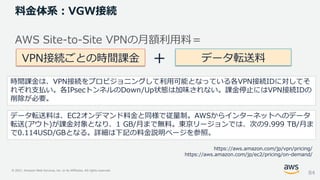 © 2021, Amazon Web Services, Inc. or its Affiliates. All rights reserved.
料金体系：VGW接続
AWS Site-to-Site VPNの月額利用料＝
VPN接続ごとの時間課金 ＋ データ転送料
データ転送料は、EC2オンデマンド料金と同様で従量制。AWSからインターネットへのデータ
転送(アウト)が課金対象となり、1 GB/月まで無料。東京リージョンでは、次の9.999 TB/月ま
で0.114USD/GBとなる。詳細は下記の料金説明ページを参照。
https://aws.amazon.com/jp/vpn/pricing/
https://aws.amazon.com/jp/ec2/pricing/on-demand/
84
時間課金は、VPN接続をプロビジョニングして利用可能となっている各VPN接続IDに対してそ
れぞれ支払い。各IPsecトンネルのDown/Up状態は加味されない。課金停止にはVPN接続IDの
削除が必要。
 