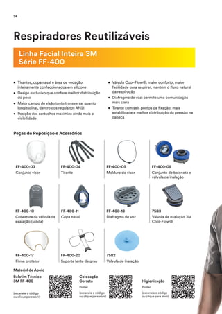 Respiradores Reutilizáveis
Linha Facial Inteira 3M
Série FF-400
• Tirantes, copa nasal e área de vedação
inteiramente confeccionados em silicone
• Design exclusivo que confere melhor distribuição
do peso
• Maior campo de visão tanto transversal quanto
longitudinal, dentro dos requisitos ANSI
• Posição dos cartuchos maximiza ainda mais a
visibilidade
• Válvula Cool-Flow®: maior conforto, maior
facilidade para respirar, mantém o fluxo natural
da respiração
• Diafragma de voz: permite uma comunicação
mais clara
• Tirante com seis pontos de fixação: mais
estabilidade e melhor distribuição da pressão na
cabeça
FF-400-03
Conjunto visor
FF-400-17
Filme protetor
FF-400-04
Tirante
FF-400-20
Suporte lente de grau
FF-400-05
Moldura do visor
7582
Válvula de inalação
Peças de Reposição e Acessórios
FF-400-11
Copa nasal
7583
Válvula de exalação 3M
Cool-Flow®
FF-400-08
Conjunto de baioneta e
válvula de inalação
FF-400-10
Cobertura da válvula de
exalação (sólida)
FF-400-13
Diafragma de voz
Material de Apoio
Boletim Técnico
3M FF-400
(escaneie o código
ou clique para abrir)
Colocação
Correta
Poster
(escaneie o código
ou clique para abrir)
Higienização
Poster
(escaneie o código
ou clique para abrir)
24
 