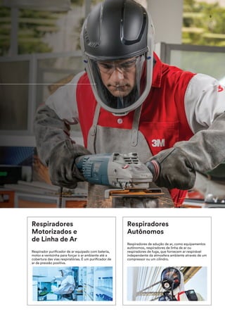 Respiradores
Motorizados e
de Linha de Ar
Respirador purificador de ar equipado com bateria,
motor e ventoinha para forçar o ar ambiente até a
cobertura das vias respiratórias. É um purificador de
ar de pressão positiva.
Respiradores
Autônomos
Respiradores de adução de ar, como equipamentos
autônomos, respiradores de linha de ar ou
respiradores de fuga, que fornecem ar respirável
independente da atmosfera ambiente através de um
compressor ou um cilindro.
5
 