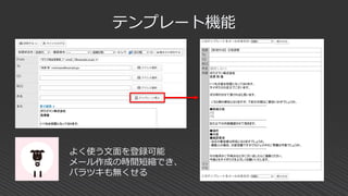 テンプレート機能
よく使う文面を登録可能
メール作成の時間短縮でき、
バラツキも無くせる
 