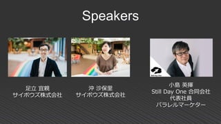 Speakers
足立 宜親
サイボウズ株式会社
沖 沙保里
サイボウズ株式会社
小島 英揮
Still Day One 合同会社
代表社員
パラレルマーケター
 