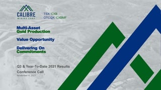 1 CALIBRE MINING CORP | TSX:CXB
Q3 & Year-To-Date 2021 Results
Conference Call
November 4, 2021
Multi-Asset
Gold Production
Value Opportunity
Delivering On
Commitments
TSX: CXB
OTCQX: CXBMF
 