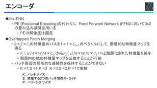 エンコーダ
n8'TGDLL
• <!%J<67'H'6"+:%!"I6.'",Mの代わりに，D$$.%D64c+4.%L$Hc643%JDDLMにおいてWTW
の畳み込み演算を用いる
• <!の解像度は固定
n;$4:+YY$.%<+HI*%8$4,'",
• >×>×𝐶1の特徴量のパスを@×@×𝐶156のベクトルにして，階層的な特徴量マップを
得る
• 𝐹6（ ⁄
𝐻 4× ⁄
𝑊 4×𝐶6）から𝐹!（ ⁄
𝐻 8× ⁄
𝑊 8×𝐶!）へと階層化された特徴量を縮小
• 階層内の他の特徴量マップを反復することが可能
• パッチ周辺の局所的な連続性を保持することができない
• U%V[(C%VX(<%VW U%VW(C%V>(<%V@で実験
!"#"パッチサイズ
$"#"隣接する%つのパッチ間のストライド
&"#"パディングサイズ
 