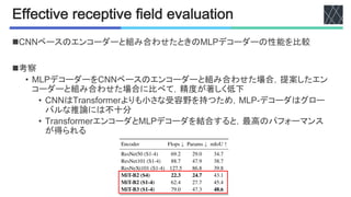<??"=926"5&"="@926"5?2"->5"6;-A;92%:
nKLLベースのエンコーダーと組み合わせたときの8=<デコーダーの性能を比較
n考察
• 8=<デコーダーをKLLベースのエンコーダーと組み合わせた場合，提案したエン
コーダーと組み合わせた場合に比べて，精度が著しく低下
• KLLはE4+"7F642$4よりも小さな受容野を持つため，8=<Gデコーダはグロー
バルな推論には不十分
• E4+"7F642$4エンコーダと8=<デコーダを結合すると，最高のパフォーマンス
が得られる
ies related to model size, encoder and decoder design.
n of the model size on the three datasets. “SS” and “MS” means single/multi-scale test.
ADE20K Cityscapes COCO-Stuff
ps # mIoU(SS/MS) " Flops # mIoU(SS/MS) " Flops # mIoU(SS) "
4 37.4 / 38.0 125.5 76.2 / 78.1 8.4 35.6
.9 42.2 / 43.1 243.7 78.5 / 80.0 15.9 40.2
.4 46.5 / 47.5 717.1 81.0 / 82.2 62.4 44.6
.0 49.4 / 50.0 962.9 81.7 / 83.3 79.0 45.5
.7 50.3 / 51.1 1240.6 82.3 / 83.9 95.7 46.5
3.3 51.0 / 51.8 1460.4 82.4 / 84.0 111.6 46.7
Mix-FFN vs. positional encoding (PE) for
erent test resolution on Cityscapes.
nf Res Enc Type mIoU "
68⇥768 PE 77.3
024⇥2048 PE 74.0
68⇥768 Mix-FFN 80.5
024⇥2048 Mix-FFN 79.8
(d) Accuracy on ADE20K of CNN and
Transformer encoder with MLP decoder.
“S4” means stage-4 feature.
Encoder Flops # Params # mIoU "
ResNet50 (S1-4) 69.2 29.0 34.7
ResNet101 (S1-4) 88.7 47.9 38.7
ResNeXt101 (S1-4) 127.5 86.8 39.8
MiT-B2 (S4) 22.3 24.7 43.1
MiT-B2 (S1-4) 62.4 27.7 45.4
MiT-B3 (S1-4) 79.0 47.3 48.6
 