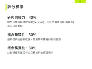 12
評分標準
研究洞察力：40%
關於目標族群樣貌描繪(Persona)、用戶的價值洞察(議題卡)
是否切中要點
概念新穎性：30%
創新提案的創新程度，是否帶來獨特的創新亮點
概念務實性：30%
此創新提案是否符合目標族群的價值需求
 