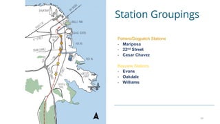 Station Groupings
Potrero/Dogpatch Stations
- Mariposa
- 22nd Street
- Cesar Chavez
Bayview Stations
- Evans
- Oakdale
- Williams
10
 