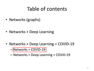 Table of contents
• Networks (graphs)
• Networks + Deep Learning
• Networks + Deep Learning + COVID-19
– Networks + COVID-...