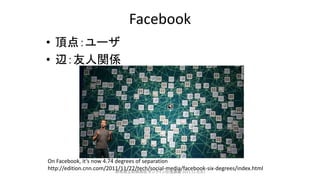 Facebook
• 頂点：ユーザ
• 辺：友人関係
On Facebook, it‘s now 4.74 degrees of separation
http://edition.cnn.com/2011/11/22/tech/social-...
