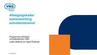 Afwegingskader
samenwerking
schuldenbewind
Programma verbinden
schuldendomein VNG
Lieke Veldhuis en Tjeert Poelman
9 november 2021
 