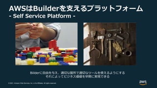 © 2021, Amazon Web Services, Inc. or its Affiliates. All rights reserved.
AWSはBuilderを支えるプラットフォーム
- Self Service Platform -
Biilderに自由を与え、適切な箇所で適切なツールを使えるようにする
それによってビジネス価値を早期に実現できる
 