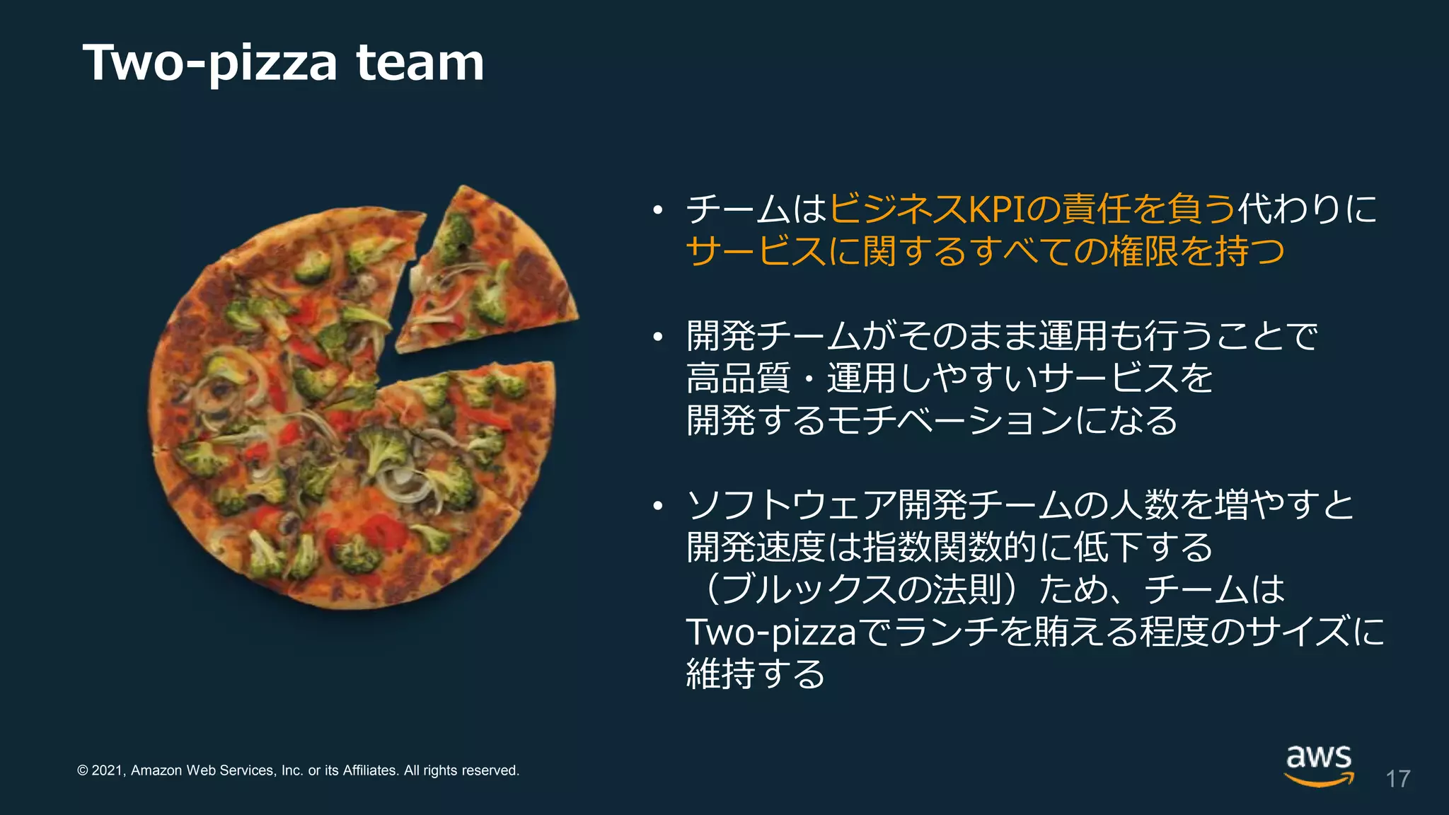 © 2021, Amazon Web Services, Inc. or its Affiliates. All rights reserved.
Two-pizza team
• チームはビジネスKPIの責任を負う代わりに
サービスに関するすべての権限を持つ
• 開発チームがそのまま運用も行うことで
高品質・運用しやすいサービスを
開発するモチベーションになる
• ソフトウェア開発チームの人数を増やすと
開発速度は指数関数的に低下する
（ブルックスの法則）ため、チームは
Two-pizzaでランチを賄える程度のサイズに
維持する
17
 
