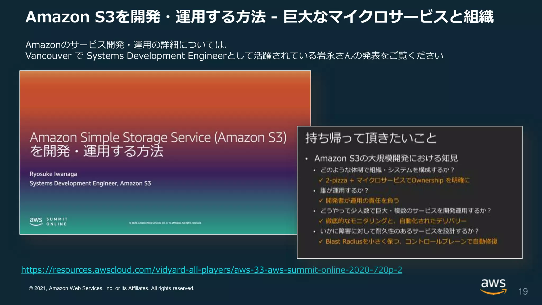 © 2021, Amazon Web Services, Inc. or its Affiliates. All rights reserved.
Amazon S3を開発・運用する方法 - 巨大なマイクロサービスと組織
19
https://resources.awscloud.com/vidyard-all-players/aws-33-aws-summit-online-2020-720p-2
Amazonのサービス開発・運用の詳細については、
Vancouver で Systems Development Engineerとして活躍されている岩永さんの発表をご覧ください
 