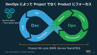 © 2021, Amazon Web Services, Inc. or its Affiliates. All rights reserved.
DevOps によって Project でなく Product にフォーカス
Product life cycle 全体を Service Teamが見る
service team
=Two-pizza team
16
 
