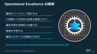 © 2021, Amazon Web Services, Inc. or its Affiliates. All rights reserved.
Operational Excellence の原則
30
運用をコードとして実行する
⼩規模かつ可逆的な変更を頻繁に行う
運用手順を定期的に改善する
障害を予想する
運用上のすべての障害から学ぶ
https://wa.aws.amazon.com/wat.pillar.operationalExcellence.ja.html
 