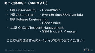 © 2021, Amazon Web Services, Inc. or its Affiliates. All rights reserved.
もっと具体的に（SRE本より）
• 6章 Observability - CloudWatch
• 7章 Automation - EventBridge/SSM/Lambda
• 8章 Release Engineering
- Code Series
• 11章 OnCall/Incident Management
- SSM Incident Manager
ここから先は皆さんのアイディアを伺わせてください！
35
 