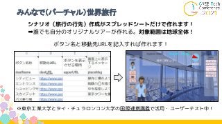 みんなで（バーチャル）世界旅行
シナリオ（旅行の行先）作成がスプレッドシートだけで作れます！
➡誰でも自分のオリジナルツアーが作れる。対象範囲は地球全体！
※東京工業大学とタイ・チュラロンコン大学の国際連携講義で活用・ユーザーテスト中！
ボタン名と移動先URLを記入すれば作れます！
 