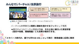 みんなで（バーチャル）世界旅行
「メタバース時代の、誰でも作れる UGC」として旅行・教育産業に応用に期待
バーチャル世界旅行は現実に興味を抱かせるフックとして有用
➡旅行のようなエンタメ用途は勿論、その土地に根付いた実地学習
（歴史や地理、環境問題）にも効果が期待できる。
🔈参加した子供たちの感
想
地球温暖化について考える
きっかけになった
その土地それぞれに歴史があ
ることに気付いた
実際に行くなら、フランスの
世界遺産を予習して行きたい
タイでは何で動物を神様とし
て尊敬しているんだろう？
（キッズワークショップ2021にて）
 