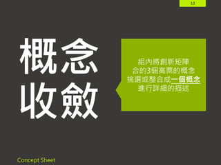 10
概念
收斂
Concept Sheet
組內將創新矩陣
合的3個高票的概念
挑選或整合成一個概念
進行詳細的描述
 