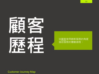 13
顧客
歷程
Customer Journey Map
從顧客使用創新服務的角度
描述服務的體驗過程。
 