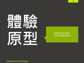 20
體驗
原型
Experience Prototype
將顧客歷程具體化
用來說明創新概念
 