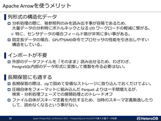 Apache Arrowを使うメリット
▌列形式の構造化データ
 分析処理の際に、被参照列のみを読み出す事が容易であるため、
大量データの分析時にボトルネックとなる I/O ワークロードの軽減に繋がる。
※ 特に、センサデータの場合フィールド数が非常に多い事がある。
 固定長データの場合、GPUやSIMD命令でプロセッサの性能を引き出しやすい
構造をしている。
▌インポートが不要
 外部のデータファイルを「そのまま」読み出せるため、わざわざ、
PostgreSQL内部のデータ形式に変換して複製を作る必要はない。
▌長期保管にも適する
 長期保管の際は、zipで固めて安価なストレージに放り込んでおくだけでよい。
 圧縮自体をフォーマットに組み込んだ Parquet よりは一手間増えるが、
検索・分析処理フェーズでの展開処理とのトレードオフ
 ファイル自体がスキーマ定義を内包するため、当時のスキーマ定義散逸したり
して、読めなくなるという事がない。
Japan PostgreSQL Conference 2021 - PostgreSQLとArrowとGPUで楽々大量データ処理
25
 