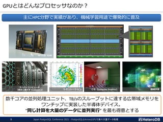 GPUとはどんなプロセッサなのか？
Japan PostgreSQL Conference 2021 - PostgreSQLとArrowとGPUで楽々大量データ処理
5
主にHPC分野で実績があり、機械学習用途で爆発的に普及
NVIDIA A100
スーパーコンピュータ
（東京工業大学 TSUBAME3.0） ＣＧ（Computer Graphics） 機械学習
数千コアの並列処理ユニット、TB/sのスループットに達する広帯域メモリを
ワンチップに実装した半導体デバイス。
“同じ計算を大量のデータに並列実行” を最も得意とする
シミュレーション
 