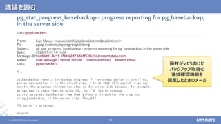 © 2021 NTT DATA Corporation 16
16
© 2021 NTT DATA Corporation
議論を読む
藤井がv13向けに
バックアップ取得の
進捗確認機能を
提案したときのメール
 