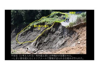 崩れ残った盛土
A
伸縮計
不安定（と考えられる）残存盛⼟部には伸縮計が設置された。
→しきい値を超えるとエリアメールで警報が送られる仕組みが作られた。
 
