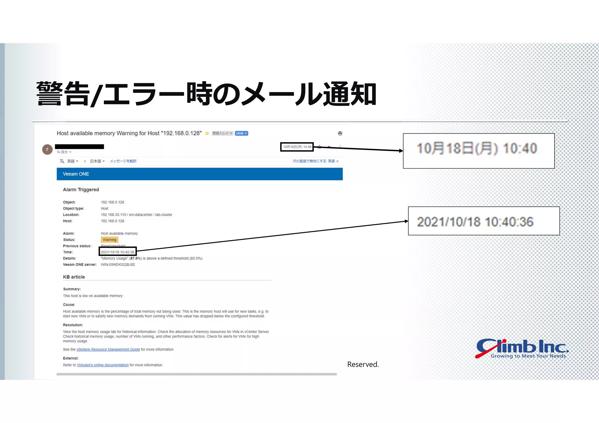 Copyright(C)2021 Climb Inc. All Rights Reserved.
警告/エラー時のメール通知
 