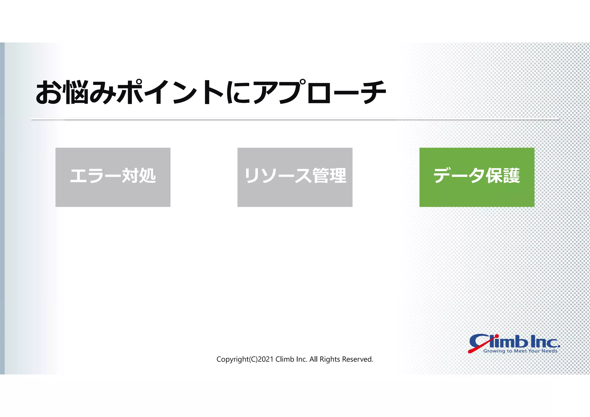 エラー対処
お悩みポイントにアプローチ
Copyright(C)2021 Climb Inc. All Rights Reserved.
リソース管理 データ保護
 