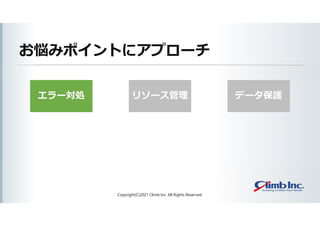 エラー対処
お悩みポイントにアプローチ
Copyright(C)2021 Climb Inc. All Rights Reserved.
リソース管理 データ保護
 