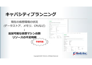 キャパシティプランニング
現在の仮想環境の状況
(データストア、メモリ、CPUなど)
↓
追加可能な仮想マシン台数
リソースの不足時期
Copyright(C)2021 Climb Inc. All Rights Reserved.
予測可能
 