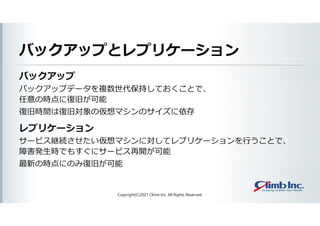 バックアップとレプリケーション
バックアップ
バックアップデータを複数世代保持しておくことで、
任意の時点に復旧が可能
復旧時間は復旧対象の仮想マシンのサイズに依存
レプリケーション
サービス継続させたい仮想マシンに対してレプリケーションを行うことで、
障害発生時でもすぐにサービス再開が可能
最新の時点にのみ復旧が可能
Copyright(C)2021 Climb Inc. All Rights Reserved.
 