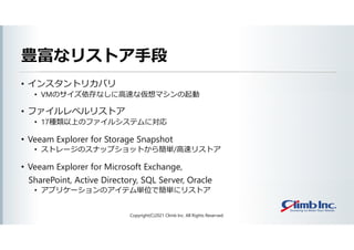 豊富なリストア手段
• インスタントリカバリ
• VMのサイズ依存なしに高速な仮想マシンの起動
• ファイルレベルリストア
• 17種類以上のファイルシステムに対応
• Veeam Explorer for Storage Snapshot
• ストレージのスナップショットから簡単/高速リストア
• Veeam Explorer for Microsoft Exchange,
SharePoint, Active Directory, SQL Server, Oracle
• アプリケーションのアイテム単位で簡単にリストア
Copyright(C)2021 Climb Inc. All Rights Reserved.
 