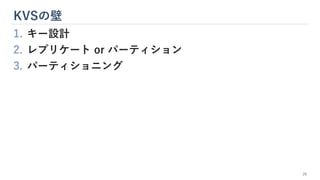 KVSの壁
29
1. キー設計
2. レプリケート or パーティション
3. パーティショニング
 