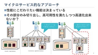 マイクロサービス的なアプローチ
8
◼性能にこだわりたい機能は決まっている
◼その部分のみ切り出し、高可用性を満たしつつ高速化出来
ないか？
いきなりこうは
できないけれど…
一部だけを切り出す
のはやりやすい！
 