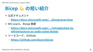 Bicep の短い紹介
公式ドキュメント
https://docs.microsoft.com/.../bicep/overview
MS Learn、Bicep 概要
https://docs.microsoft.com/.../introduction-to-
infrastructure-as-code-using-bicep/
ソースコード、GitHub
https://github.com/Azure/bicep
VSCode Conference Japan 2021
Takekazu Omi @Baleen.Studio 5
 