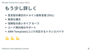 もう少し詳しく
宣言型の構文のドメイン固有言語(DSL)
簡潔な構文
信頼性の高いタイプセーフ
コード再利用のサポート
ARM Templateに1:1で対応するトランスパイラ
VSCode Conference Japan 2021
Takekazu Omi @Baleen.Studio 6
 